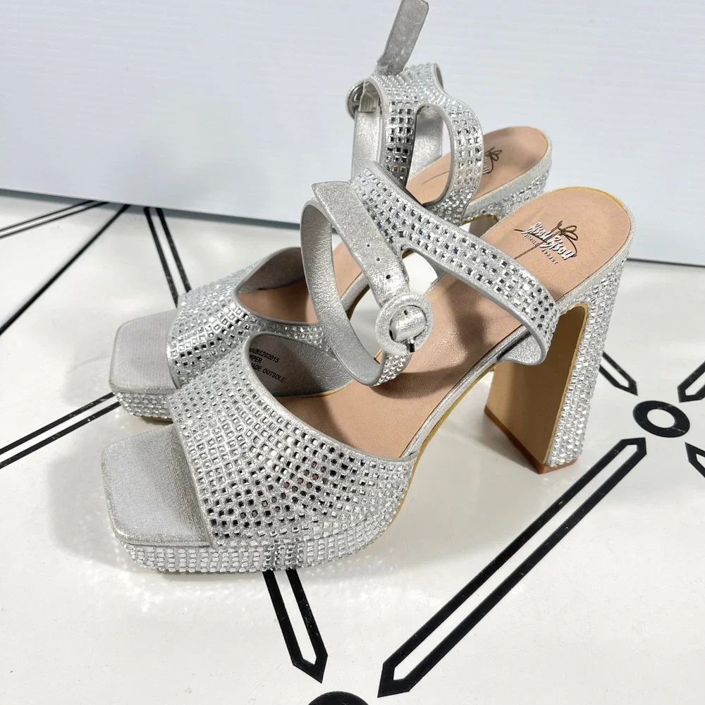 Bisou Bisou Michele Bohbot Silver‎ Rhinestone Platform Sandals Square Toe Sz 10